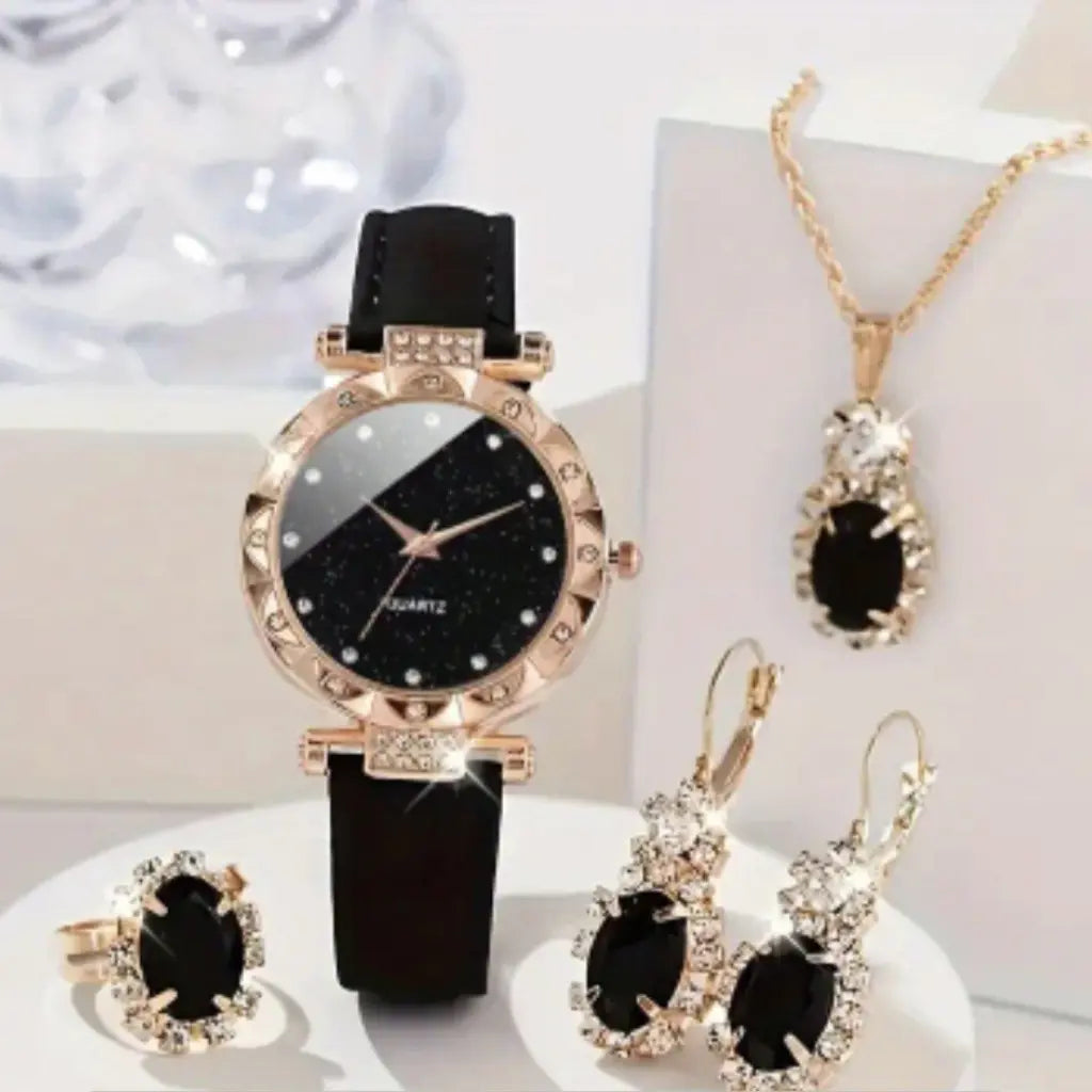 5-Piece Ladies Watch Set - Black Quartz Watch with Rhinestone Accessories