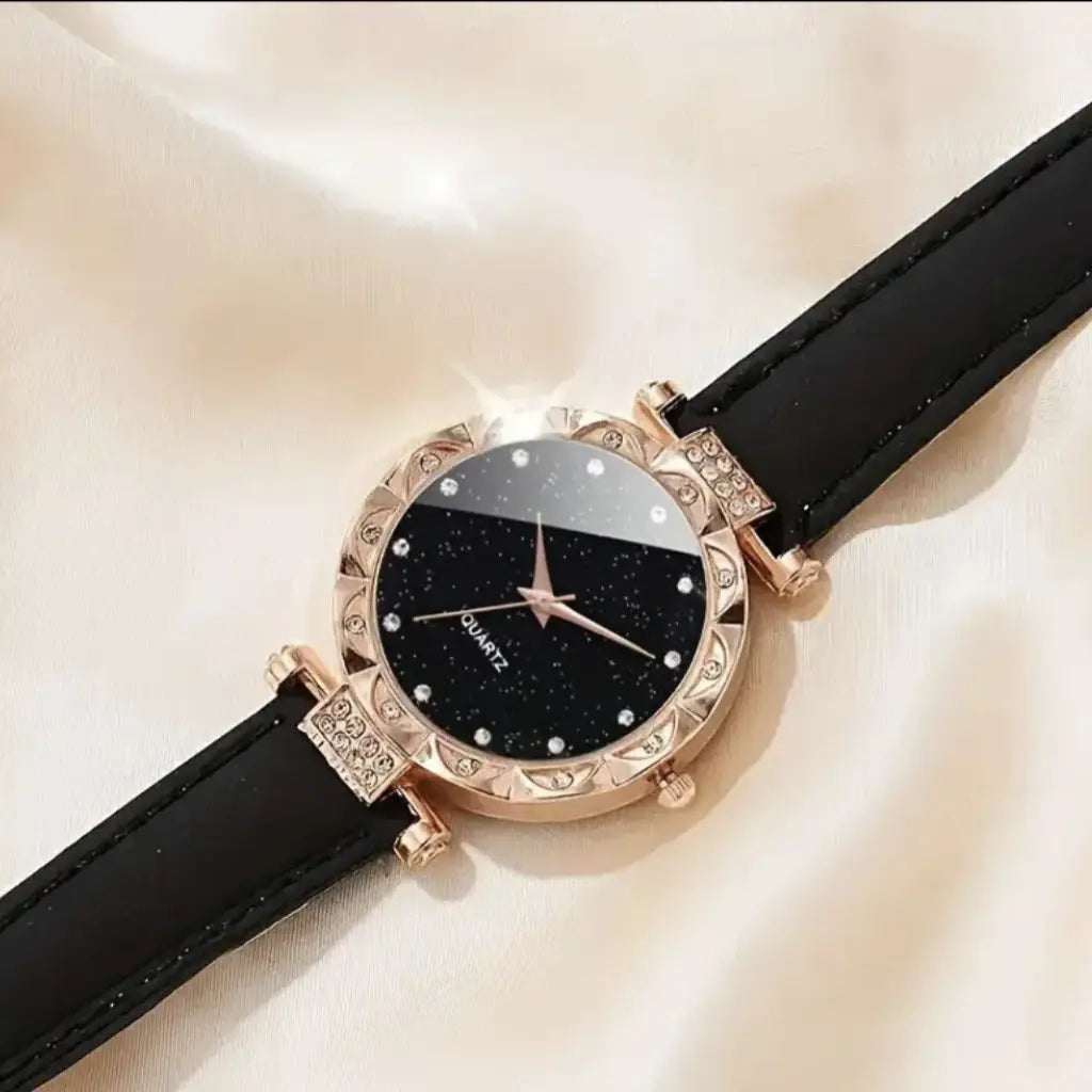 5-Piece Ladies Watch Set - Black Quartz Watch with Rhinestone Accessories