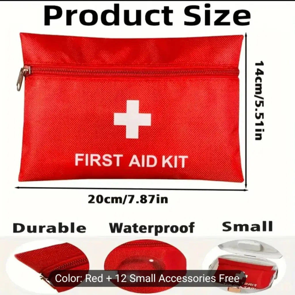Imported Compact Waterproof First Aid Kit – 12 Essential Accessories Included – Travel, Home & Office Emergency Medical Bag – Durable Red Pouch