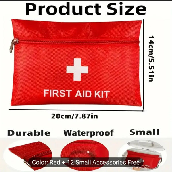 Imported Compact Waterproof First Aid Kit – 12 Essential Accessories Included – Travel, Home & Office Emergency Medical Bag – Durable Red Pouch