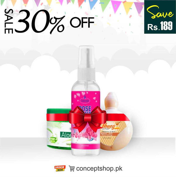 Discount Sale Save 30% with this Bundle Deal Aloe Vera Gel For Skin & Hair 250gr, Skin Spray Rose 120ML, Honey Lotion 60ML