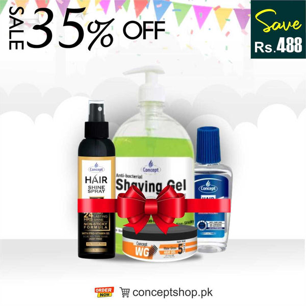 Discount Sale Save 35% with this Bundle Deal Hair Shine Spray 120ML, Concept Shaving Gel Sensitive Green 1000ml, Hair Tonic Oil 100ML, Hair Gel Level 5 100G