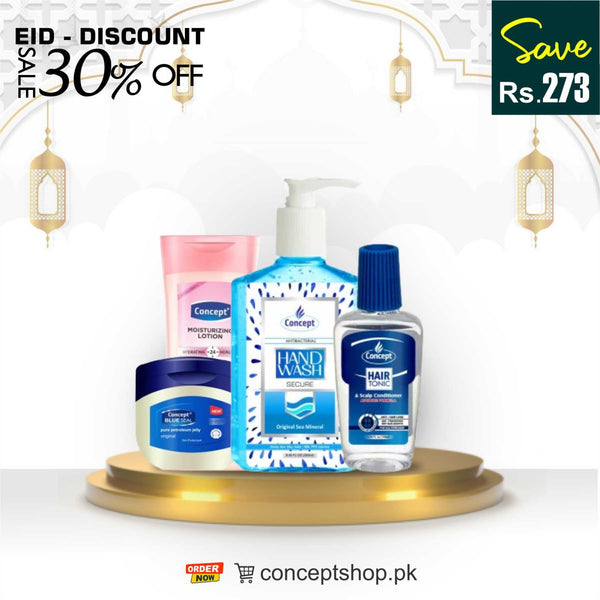 Eid Discount Sale Save 30% with this Bundle Deal Moisturizing Lotion Blossom 120ML, Flip Cap Petroleum Jelly 50gr, Hand Wash SQ Bottle Aqua Blue 500ml, Hair Tonic Oil 100ML