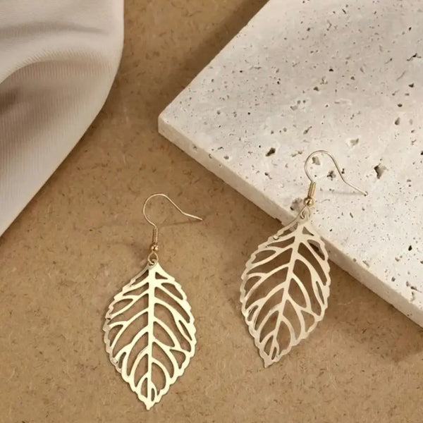 Imported Gold Leaf Dangle Earrings for Women – Lightweight Hollow Cutout Drop Earrings