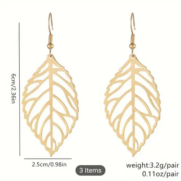 Imported Gold Leaf Dangle Earrings for Women – Lightweight Hollow Cutout Drop Earrings