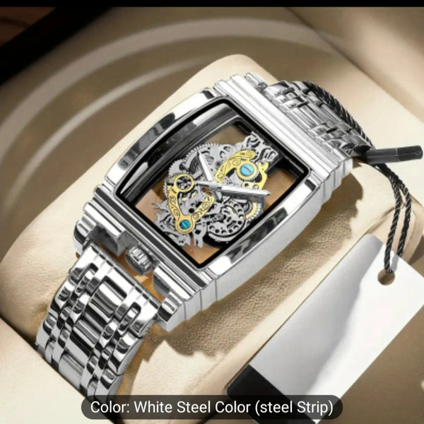 Luxury Silver Skeleton Watch for Men – Automatic Hollow-Out Design, Stainless Steel Band, Luminous Hands, Waterproof Fashion Timepiece