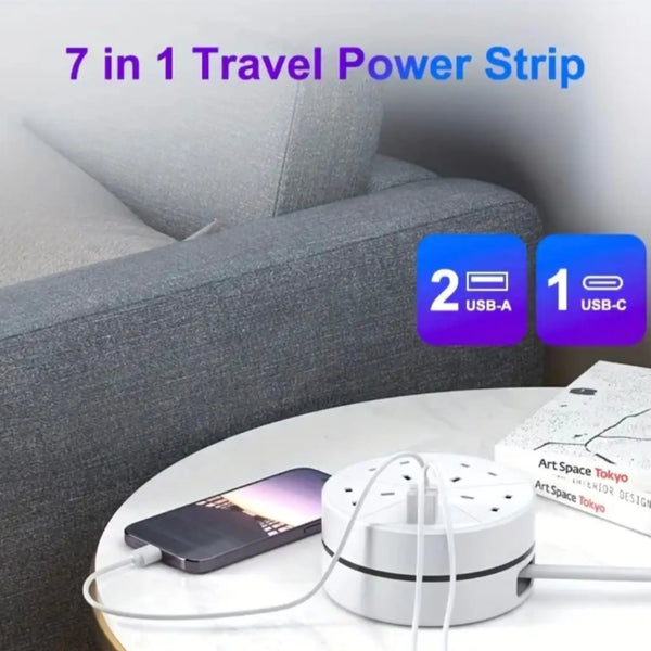 Rotatable Retractable Power Strip with 4 AC Outlets, 2 USB-A Ports, and 1 USB-C Port  Compact 6ft Extension Cord for Home, Office, and Travel