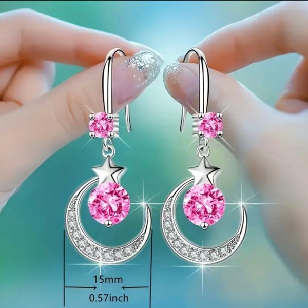 Imported Sterling Silver Crescent Moon & Star Drop Earrings with Pink Crystal – Dangle Earrings for Women & Girls