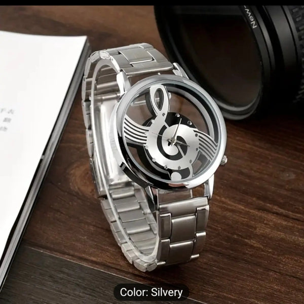Unisex Luxury Quartz Watch with Musical Note Dial and Stainless Steel Band