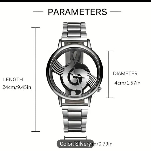 Unisex Luxury Quartz Watch with Musical Note Dial and Stainless Steel Band